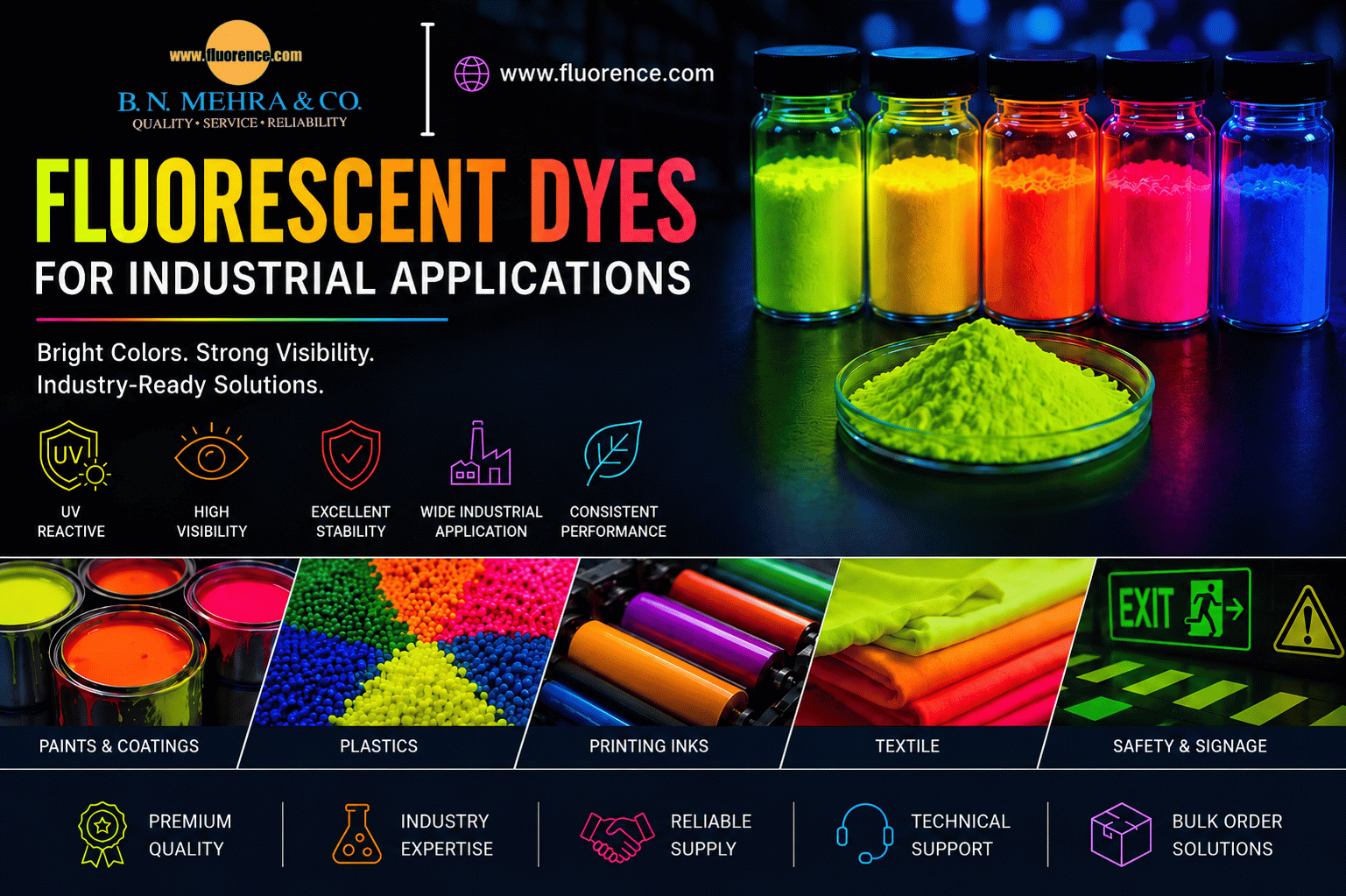 Industrial fluorescent dyes showing bright colors under UV light.